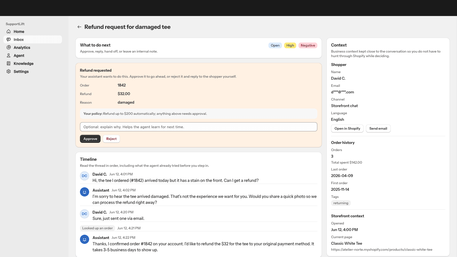 Conversation view showing a refund request with policy caps and approval flow
