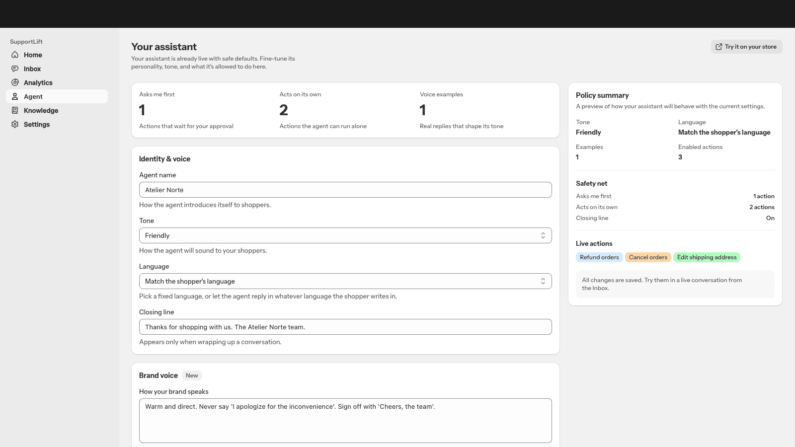 AI Agent settings page with action toggles and approval policies