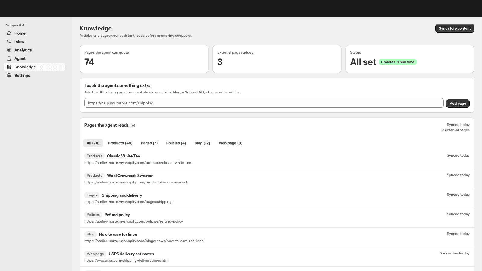 Knowledge sources page showing products, pages and policies indexed from the shop